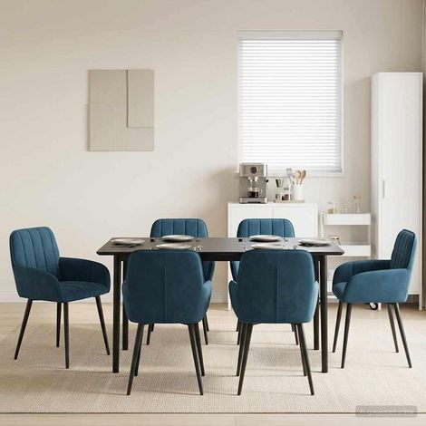 Chaises de salle à manger en velours bleu avec accoudoirs, lot de 6 - PANGIVO (1/5)