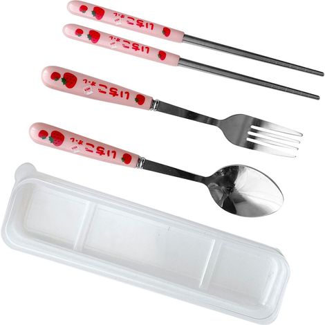 Ensemble de couverts 3 pièces comprenant une cuillère, des fourchettes et des baguettes, en acier inoxydable arrondi, présenté dans un coffret transparent. (1/5)