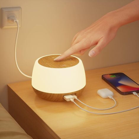 Lampe de Chevet Tactile, Veilleuse LED Dimmable avec Ports de Charge USB C+A 20W, Lampe Chevet avec Timing et Mémoire RGB pour Deco Chambre Enfant Salon Bureau (Bois clair) (1/5)