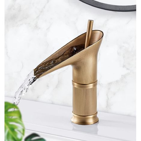 Antik Messing Waterfall Bathroom Faucet, Black Bathroom Faucet with Hot and Cold Water Waterfall Basin Mixer, Elegant Brass Basin Faucet (Antik Messing) (1/5)
