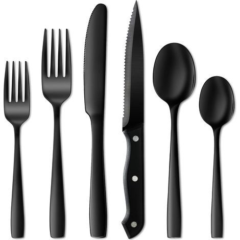 Couverts Noir - Ensemble de 24 Pièces en Acier Inoxydable Alimentaire - Pour 4 Personnes - Fourchettes Couteaux Cuillères - Finition Miroir - Lave-vaisselle (1/5)