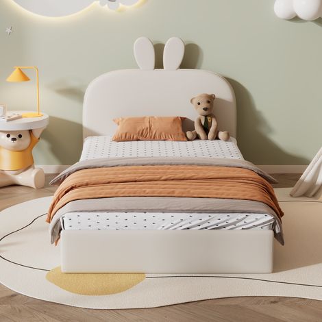 Einzelbett 90x200 cm - Einzelbett 90x200 cm - mit Hasenkopfteil - Samt - Lattenrost - Kinderbett 90x200 cm - Beige
