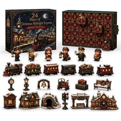 Adventskalender 2026 – 24 Teile – grün, rot, braun – Acryl – 24 Tage mit Mitternachtszug-Figuren – Weihnachtsdekoration – geeignet für Weihnachtsfeiern und als Dekoration für die Wohnung. (1/5)