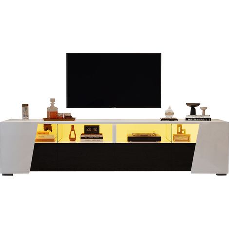 Meuble TV LED 180 cm blanc et noir brillant, 2 tiroirs, 4 niches ouvertes, 2 portes, pour TV jusqu’à 80 pouces, design mural moderne - CHICFURN (1/5)