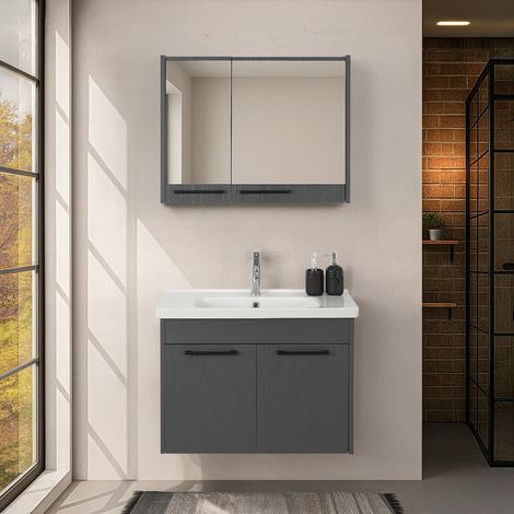 Mobile bagno sospeso 80 cm grigio effetto legno con armadietto a specchio Sofia (1/5)
