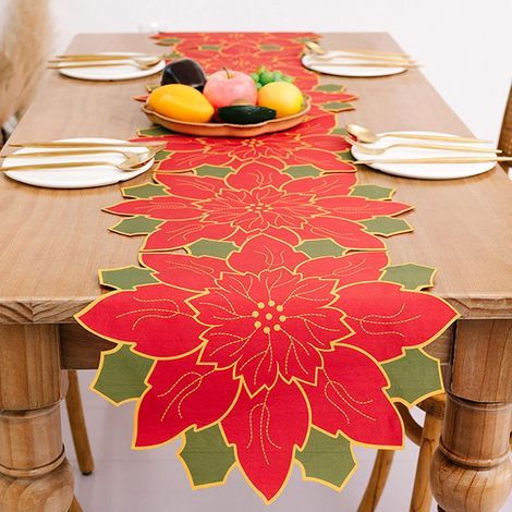 Chemin de table de fleurs de poinsettia, chemin de table de Noël de vacances, chemin de table perlé de broderie florale de ferme à la main - 68x13.8inch (1/5)