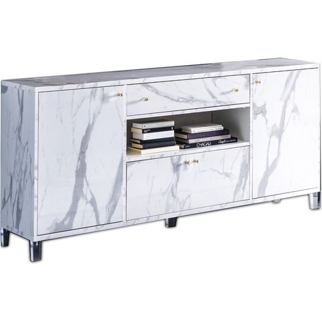 Buffet 4 portes 1 tiroir bois blanc effet marbre vernis Botela 190cm (1/4)