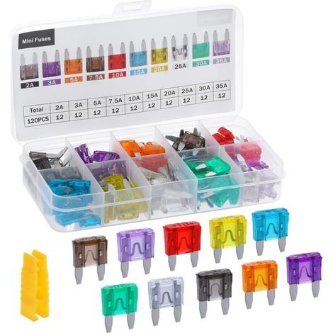 120 Mini-Sicherungsset für Autos, Sortiment an Sicherungen (2A, 3A, 5A, 7,5A, 10A, 15A, 20A, 25A, 30A, 35A), für Autos, LKWs, Motorräder, Wohnmobile und SUVs. (1/4)