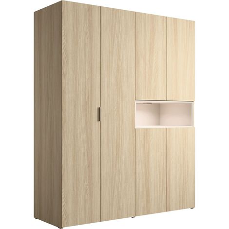 Armoire KAORI 5 portes avec niche LED chêne clair et beige 202 cm