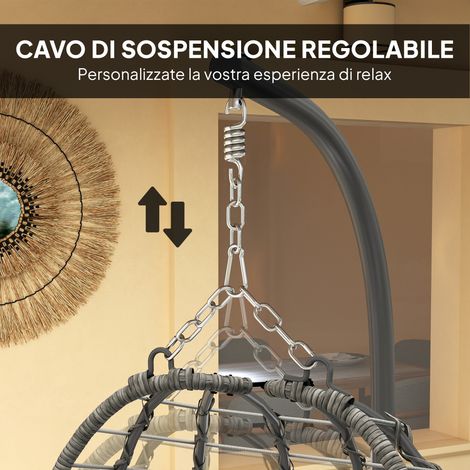 Suspension œuf en rotin gris avec coussin et appui-tête, assise pliable réglable en hauteur pour intérieur/extérieur (1/5)