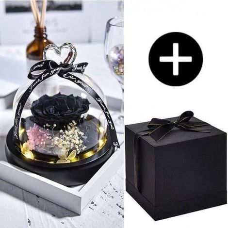 Rose éternelle noire, Sous cloche en verre, Lumières LED, Boîte cadeau, Décoration intérieure (1/3)