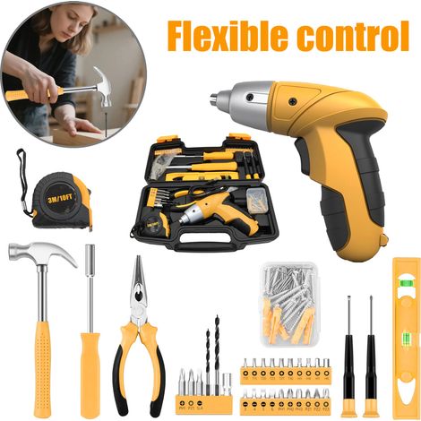 112-Piece Tool Kit with 3.6V USB Small Electric Screwdriver Set, Pink Drill Set, Tool Kit for Home (1/5)