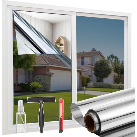 Anti-Glare Window Film 44.5 x 400 cm, Tain-Free Mirror Effect for Windscreen, Anti-UV, Adhesive Film for Heat Protection, One-Way Blackout Mirror Sheet, Silver (1/5)