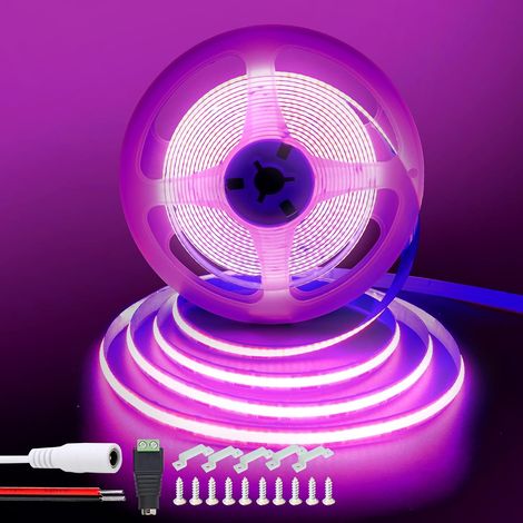 Bande LED COB 12V 16,4pieds/5m (Sans alimentation),Violet,320LEDs/m,avec connecteur femelle DC 5521 et fils rouge/noir,largeur 8mm,IP20,pour décoration intérieure et bricolage (1/5)