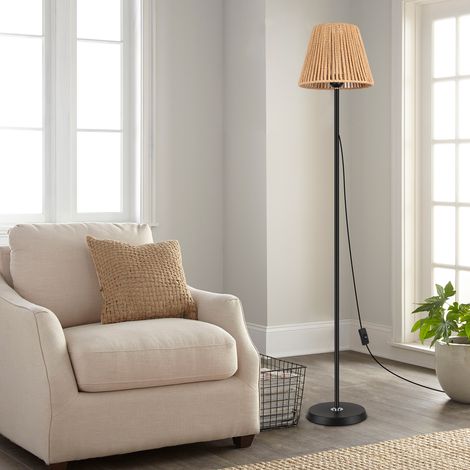 Oraymin – Lampadaire Droit en Rotin Naturel et Métal Noir - Design Scandinave & Boho - Hauteur 170 cm - Éclairage d'Intérieur pour Salon et Bureau - Douille E27 (Sans Ampoule) (1/5)