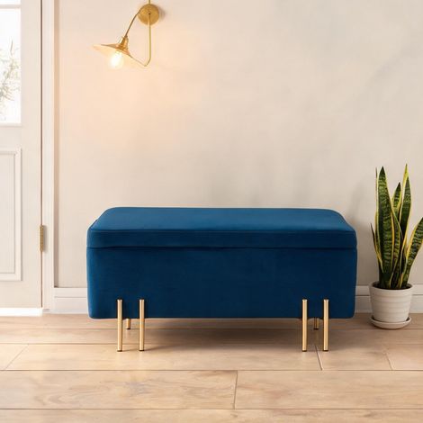 Pouf coloris bleu en velours bois 100 x 40 x 42 cm (1/5)