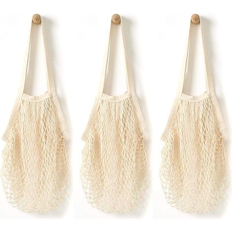 Sac en filet d'épicerie portable 3PCS (beige)
