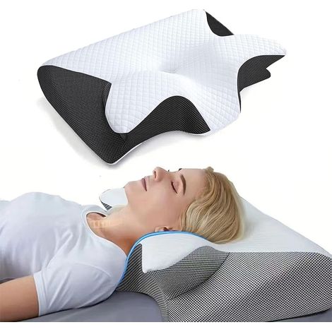 Oreiller ergonomique cervical – 2 en 1 mousse mémoire – pour nuque et dos – dormir sur le côté/ventre – Noir (1/5)