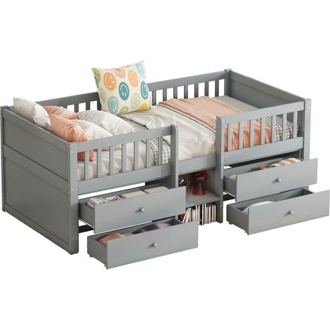 Lit mi-hauteur 90x200 cm gris avec 4 tiroirs, barrière de sécurité et échelle, structure en bois de pin et MDF, sans matelas, style minimaliste CHICFURN (1/5)