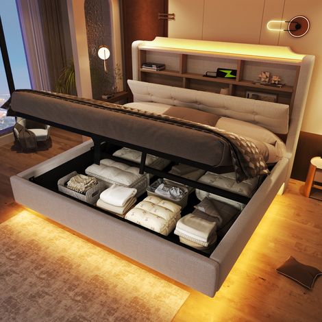 Letto imbottito moderno 140x200 cm in lino beige con testiera contenitore, LED, USB/Type-C e vano contenitore idraulico (1/5)
