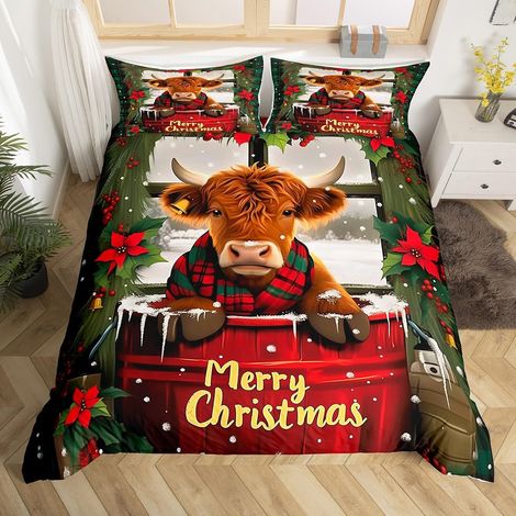 Joyeux Noël Housse de Couette Garçons Filles Enfants Décorations de Noël Literie Set Rouge Grille Géométrique Parure de Lit Highland Bull Imprimer Couvre Lit Bonne Année Literie 200x200 - 200x200cm +  (1/5)