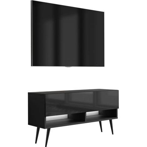 Mobile TV con gambe 100 cm, 1 anta, illuminazione LED, Nero Opaco / Nero Lucido, gambe inclinate nere, 100 x 32 x 52 cm (1/5)