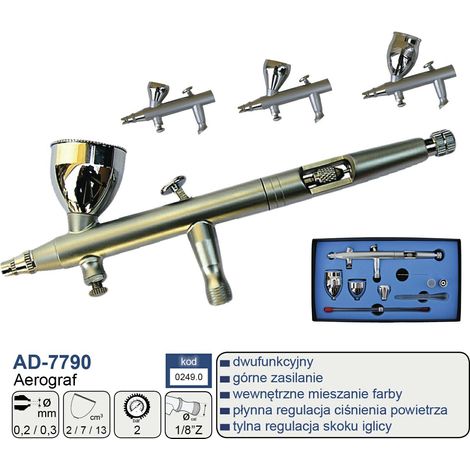 Adler Aerógrafo AD-7790, herramienta profesional para pintura artística y automotriz, boquillas intercambiables 0.2mm y 0.3mm, flujo de pintura ajustable, diseño ergonómico, color metálico.