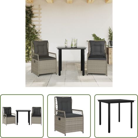 Gartenstuhl - 3-tlg. Garten-Essgruppe mit Kissen Hellgrau Poly Rattan (1/5)