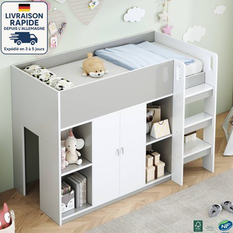 MODFU - Cama infantil 90×200cm con armario y estanterías, entrepiso, anticaída, sin colchón, pino, gris (1/5)