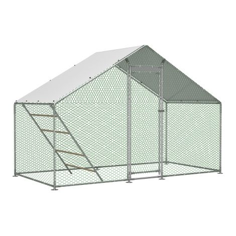 Enclos volière poulailler acier galvanisé 3x1,5x2 m avec toit PE, porte verrouillable, perchoir échelle - Gris (1/5)