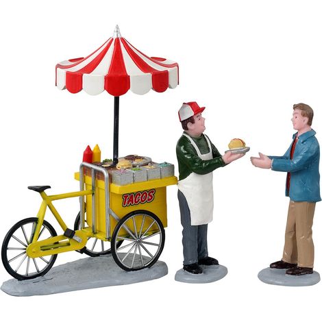 Carrello mobile con venditore di Tacos statuetta per villaggio di Natale in poliresina