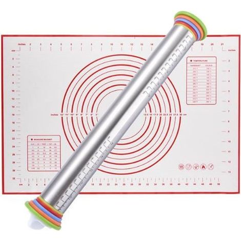 Tapis de Cuisson en Silicone Anti-adhésif Tapis de pâte avec Rouleau à Pâtisserie Ajustable en Acier Inoxydable Rouge (1/4)