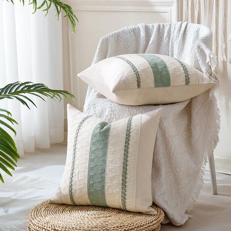 Housse Coussin 40x40 Vert Sauge Bohème Texturée à Rayures Tissées Décoratives Moderne Boho Housse de pour Maison Salon Chambre Décoration Lot de 2 (1/4)