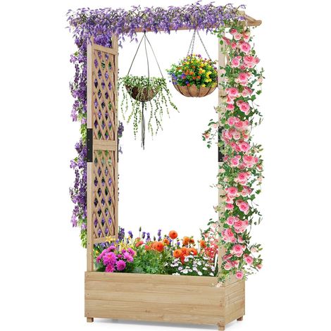 Jardinière avec 2 Treillis Latéraux Toit Suspendu en Bois de Sapin avec Trou de Drainage, Lit de Jardin Surélevé, 110 x 44 x 182 cm, Brun (1/5)