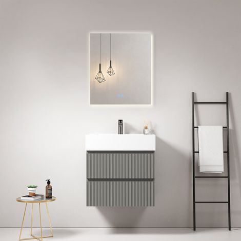 Mobile bagno sospeso cannettato 60 cm Grigio Londra Lavabo in Resina Specchio Quadro Retroilluminato - Fiji Paint