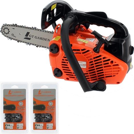 Gt Garden – Tronçonneuse élagueuse thermique 25 cm3 – Moteur 1 CV – Longueur de guide 26 cm – 2 chaînes affûtées – Démarrage facile avec pompe d'amorçage