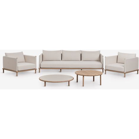 SKLUM Gartenset mit 3-Sitzer-Sofa, 2 Sesseln und 2 runden Couchtischen aus Akazienholz Olivia Weiß Gardenia – Hellbraun Akazie             Helles Akazienbraun                     