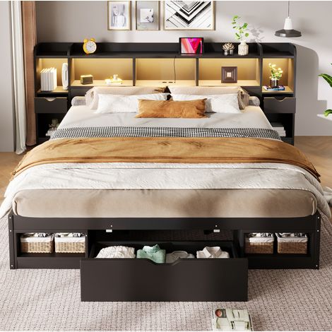 Lit plateforme 180x200 cm noir en MDF et contreplaqué avec rangements et éclairage LED (1/5)