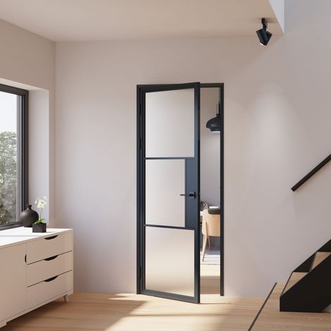 Porte verrière intérieure 93 x 231 cm, bloc porte Loft, verre satiné, style atelier 2 rayures, ouverture tirant gauche avec serrure
