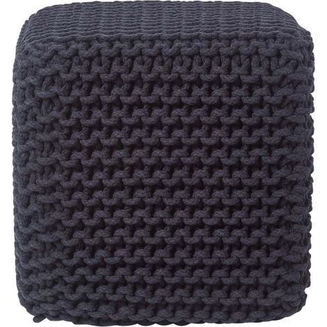 HOMESCAPES Black Cube Cotton Knitted Pouffe Footstool