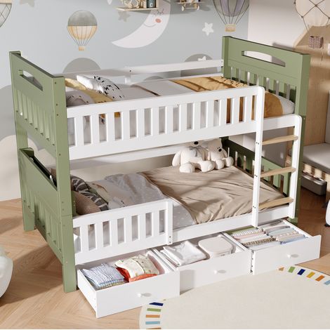 Litera infantil 90x200 cm de madera blanco/verde con 3 cajones, sin colchones – MEUBLIV (1/5)