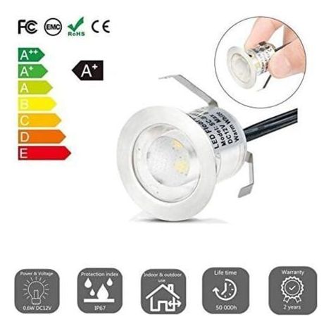 16 spots LED encastrables, IP67, 0,6 W 12 V blanc chaud, pour terrasse et escalier