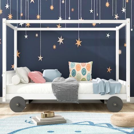 Hausbett, Kinderbett, Spielbett, Autobett, Kinderbett mit MDF-Rädern, kann mit Bettvorhängen ausgestattet werden, abnehmbarer Rahmen, Rahmen aus Kiefer, weiß (90x200cm),KINSI (1/5)