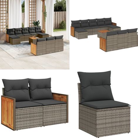 Salon de jardin 11 pcs avec coussins gris résine tressée - Ensemble Salon De Jardin - Meuble De Jardin - Mobilier Extérieur - Chaise Longue - Set Salon De Jardin - Home & Living