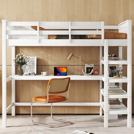 Lit Mezzanine Enfant Superposé avec Bureau et Rangements Intégrés - Blanc - 207x99x169,5cm - Sans Matelas (1/5)