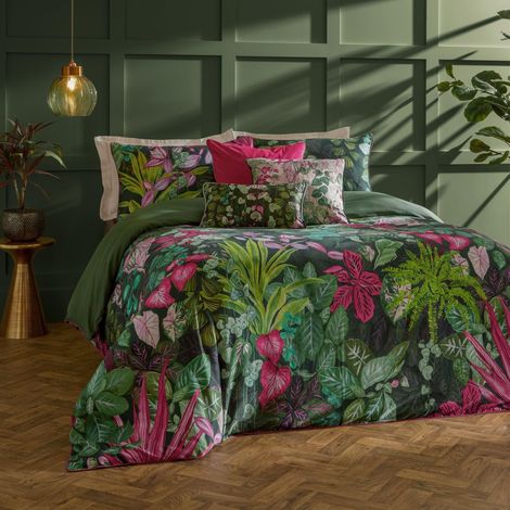 Ensemble De Housse De Couette – Réversible Botanique Aquarelle Jungle avec Bord Passepoilé Literie (Rose/Vert – King UK Standard – 230x220cm) (1/3)