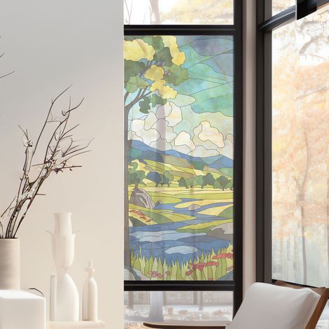 Stickers décoratifs électrostatique, ruisseau campagne, montagnes, paysage, effet vitrail, 150 cm X 67,5 cm (1/2)