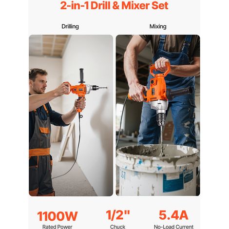 Mélangeur Perceuse de Mortier Filaire 2-en-1, Malaxeur Électrique avec Mandrin de 12,7 mm, 0-850 tr/min, Agitateur à Béton avec Poignée en D, pour Perçage Mélange de Colle Peinture Ciment (1/5)