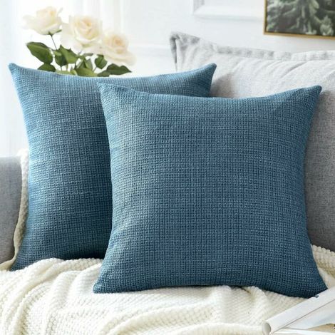 Housse de Coussin, Lot de 2 en Lin Canapé Taie d'oreiller de Couleur Pure pour Maison Salon Chambre Décoration D'intérieur (Bleu, 45x45cm) (1/5)