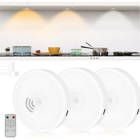 Bewegungsaktivierte Puck-Leuchte mit Fernbedienung, kabellos wiederaufladbar, magnetische LED, dimmbar und mit Timer, 3 Farben/3er-Pack (1/5)